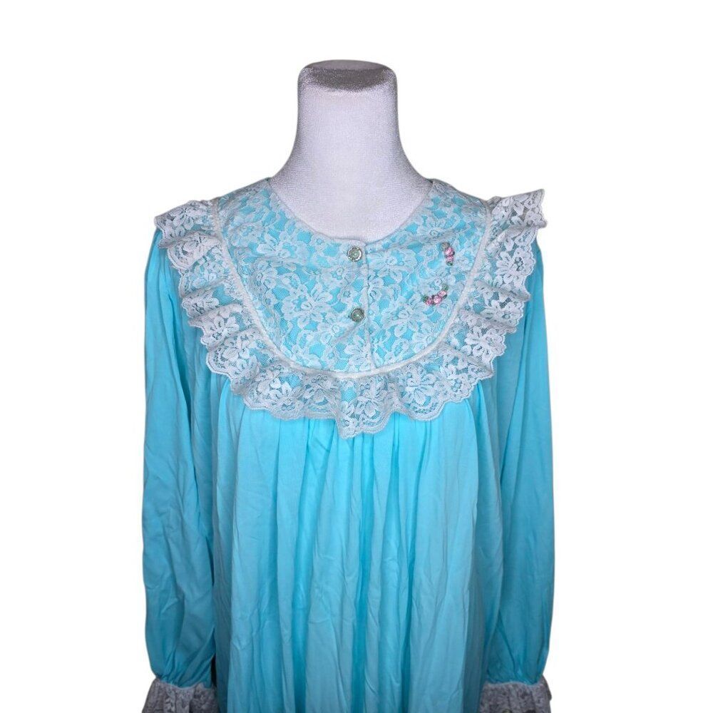 Vintage 1970s Long Ruffle Lace Collar Nightgown Womens Size XL Blue Modest